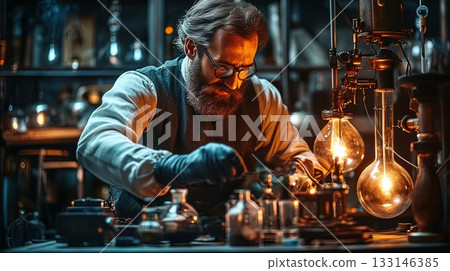 A skilled scientist conducts experiments in a vintage laboratory. Glassware illuminates the room with a warm glow. Passion for discovery drives innovation. Generative AI 133146385