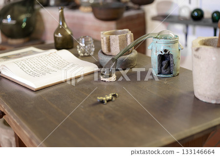 tea set in glass jars on table in kitchen tea set in glass jars on table in kitchen 133146664