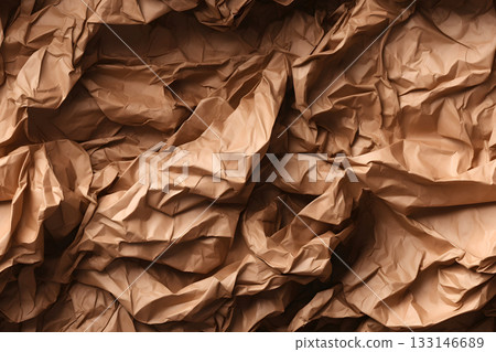 Crumpled brown paper seamless texture and background, neural network generated photorealistic image 133146689