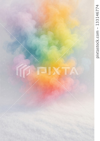 Magical Winter Landscape with Vibrant Rainbow Cloud and Falling Snow 133146774