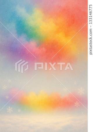 Magical Winter Landscape with Vibrant Rainbow Cloud and Falling Snow 133146775