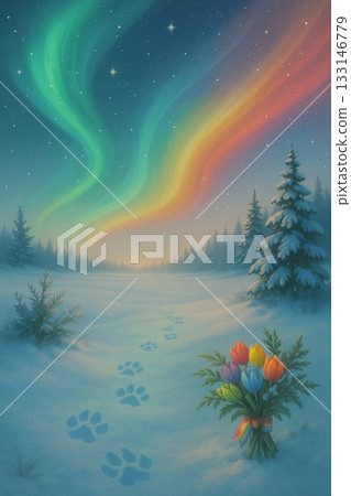Magical Winter Landscape with Vibrant Rainbow Cloud and Falling Snow Magical Winter Landscape with Vibrant Rainbow Cloud and Falling Snow 133146779