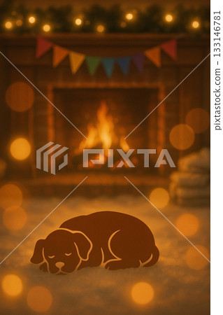 Cozy Winter Hygge Scene with Cat Silhouette, Fireplace, and Rainbow Pride Flag 133146781