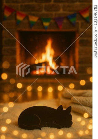 Cozy Winter Hygge Scene with Cat Silhouette, Fireplace, and Rainbow Pride Flag 133146782