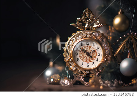 Small clock with jewelry as Christmas tree decoration, neural network generated photorealistic image 133146798