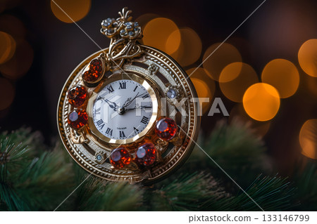 Small clock with jewelry as Christmas tree decoration, neural network generated photorealistic image 133146799