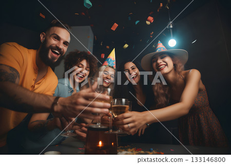 People together celebrating friends at generic party, neural network generated photorealistic image People together celebrating friends at generic party, neural network generated photorealistic image 133146800