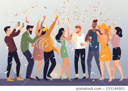 People together celebrating at party - 2d cartoon style, neural network generated image 133146801