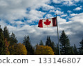 The Canadian flag fluttering in the clear autumn sky. Canada The Canadian flag fluttering in the clear autumn sky. Canada 133146807