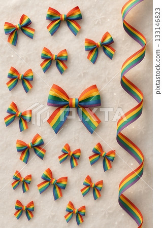 Elegant Rainbow Pride Ribbon and Bow - Flat Lay for Craft and Celebration 133146823