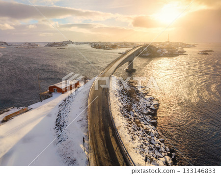 Aerial winter view of coastal bridge in Lofoten islands, Norway 133146833