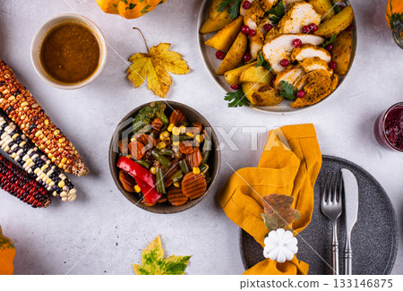 Traditional Thanksgiving day dinner with turkey Traditional Thanksgiving day dinner with turkey 133146875