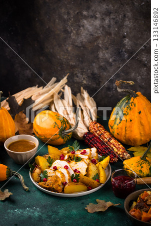 Traditional Thanksgiving day dinner with turkey Traditional Thanksgiving day dinner with turkey 133146892