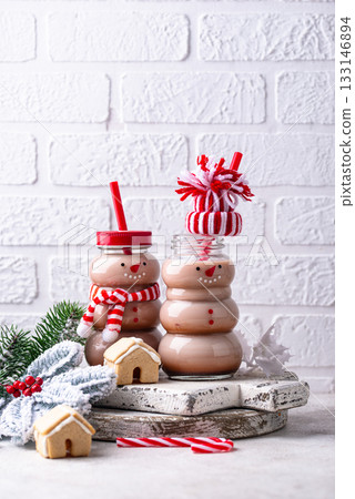 Hot chocolate or cocoa in shape of snowman Hot chocolate or cocoa in shape of snowman 133146894