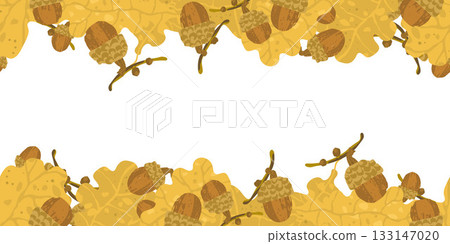 Template for banner with a row of acorns and yellow leaves. good for poster, greeting card, party invitation. Template for banner with a row of acorns and yellow leaves. good for poster, greeting card, party invitation. 133147020