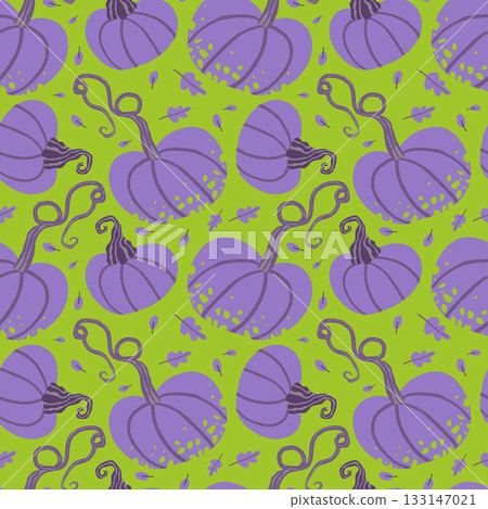 A pattern of purple and green pumpkins with stems on an acid green background. A pattern of purple and green pumpkins with stems on an acid green background. 133147021