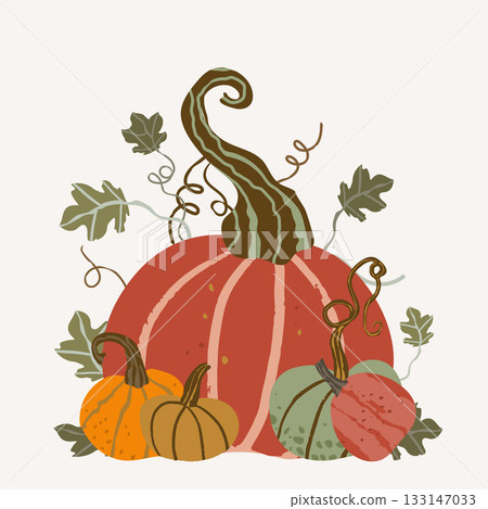 Composition of cute pumpkins. Vector illustration, good for thematic emblem, banner, calligraphy poster, greeting card. Composition of cute pumpkins. Vector illustration, good for thematic emblem, banner, calligraphy poster, greeting card. 133147033