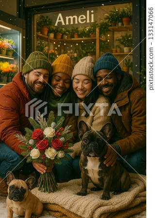 smiling family with children and dog in winter clothes 133147066