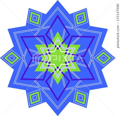 Blue green geometrical mandala. Fantasy round ornament of lines. Polygonal unusual star 133147090