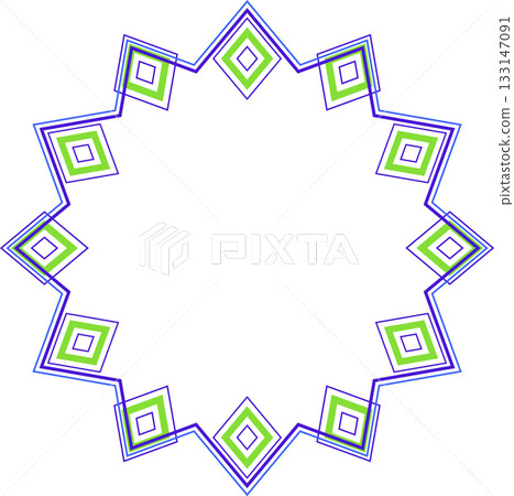 Blue green geometry round frame. Round ornament of lines and rectangles. Polygonal design element 133147091