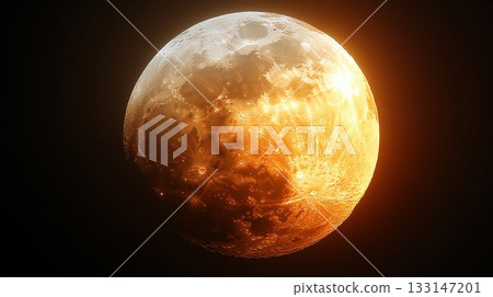 Full moon glowing with orange hues illuminating lunar surface details against dark sky creating celestial atmosphere 133147201