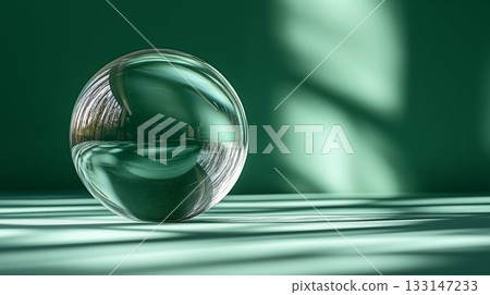 Glass sphere reflecting light patterns on emerald surface, abstract minimalism concept Glass sphere reflecting light patterns on emerald surface, abstract minimalism concept 133147233