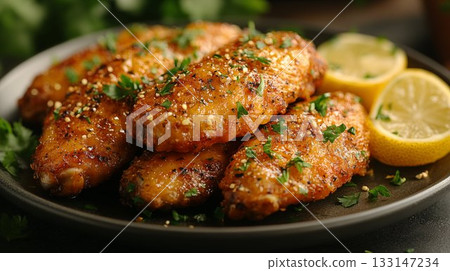 Glazed chicken wings with herbs and lemon on dark plate, gourmet appetizer presentation 133147234
