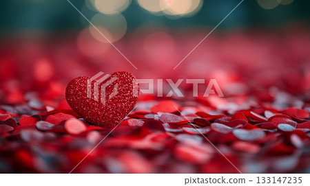 Glittering red heart on confetti background, romantic celebration concept 133147235