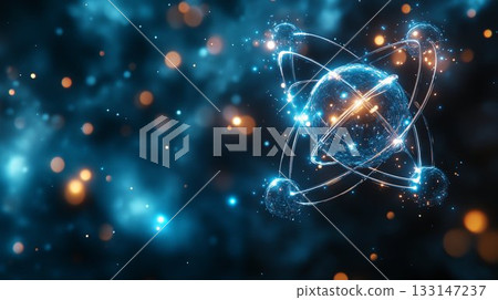 Glowing atomic structure with orbiting electrons against blue nebula background, representing quantum physics and scientific innovation in space 133147237