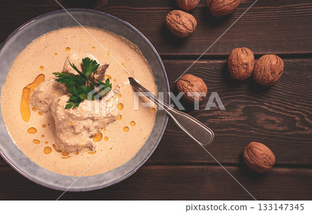 Satsivi, Georgian dish, chicken in nut sauce, cold appetizer,rustic, no people, homemade, 133147345