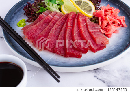 tuna sashimi, with side dish, on a marble table, homemade, no people, tuna sashimi, with side dish, on a marble table, homemade, no people, 133147353