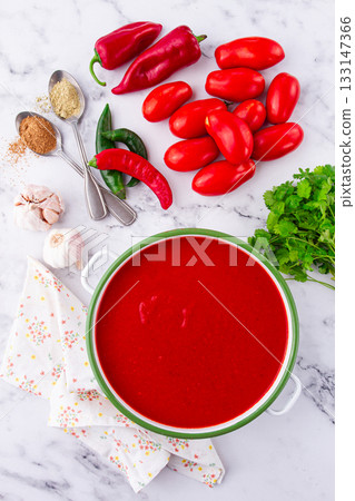 Georgian Satsebeli sauce, made from tomatoes and sweet peppers, with spices, homemade, no people, Georgian Satsebeli sauce, made from tomatoes and sweet peppers, with spices, homemade, no people, 133147366