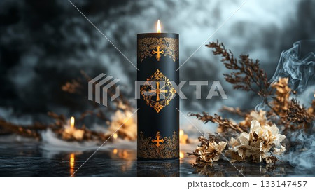 Decorative candle with golden cross design glowing in darkness, spiritual ambiance 133147457