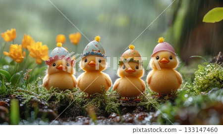 Decorative ducklings wearing colorful eggshell hats in rain, whimsical garden scene 133147460