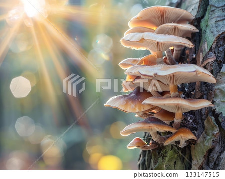 Cluster of mushrooms growing on a tree trunk, illuminated by sunlight filtering through a bokeh-filled forest. Nature's beauty. 133147515