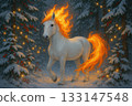White Fire Horse in Snowy Forest with Glowing Mane White Fire Horse in Snowy Forest with Glowing Mane 133147548