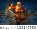 Santa on White Horse with 2026 Sign in Snowy Village Santa on White Horse with 2026 Sign in Snowy Village 133147550