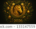 Golden Horseshoe Framing Horse with Festive Baroque Decor Golden Horseshoe Framing Horse with Festive Baroque Decor 133147559