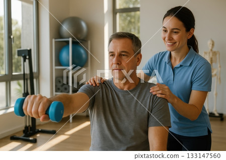Male patient doing physiotherapy shoulder workout with therapist Male patient doing physiotherapy shoulder workout with therapist 133147560