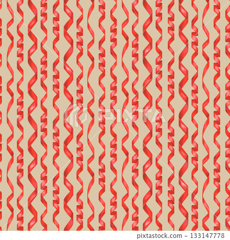 Red twisted narrow ribbons on a seamless pattern isolated on a beige background. Watercolor template for holiday, Christmas, wedding decor, invitations, greeting cards, wrapping paper, textiles, Red twisted narrow ribbons on a seamless pattern isolated on a beige background. Watercolor template for holiday, Christmas, wedding decor, invitations, greeting cards, wrapping paper, textiles, 133147778
