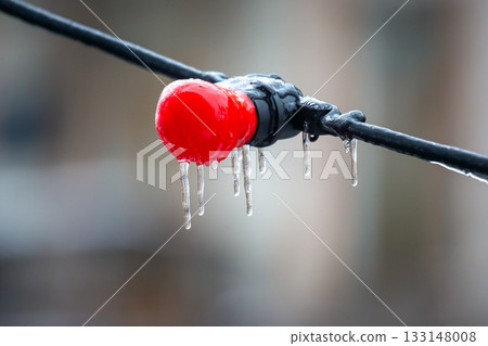 A single light bulb encased in ice, with icicles forming on a wire, set against a soft, A single light bulb encased in ice, with icicles forming on a wire, set against a soft, 133148008