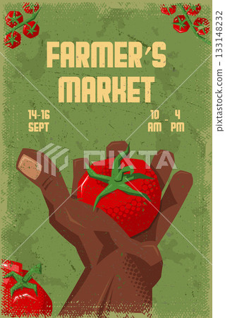 Tomato Mid Century Modern Retro Market Poster with Grainy Textured Bold Shapes and Fresh Organic Harvest Layout 133148232