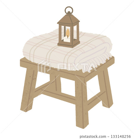 Cozy Scandinavian Christmas decor illustration featuring a rustic wooden stool with a soft plaid blanket and a warm glowing lantern creating a hygge winter home aesthetic in neutral minimal style 133148256
