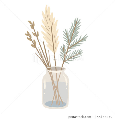Scandinavian winter botanical arrangement in glass jar dried stems pine branch hygge natural decor 133148259
