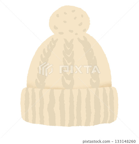 Cozy cable knit winter hat illustration with soft textured yarn and fluffy pom pom Scandinavian hygge clothing neutral minimal aesthetic perfect for holiday season decor warm Nordic winter Cozy cable knit winter hat illustration with soft textured yarn and fluffy pom pom Scandinavian hygge clothing neutral minimal aesthetic perfect for holiday season decor warm Nordic winter 133148260