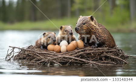 Beaver family guarding eggs on floating nest, wildlife parenting behavior in natural habitat 133148344