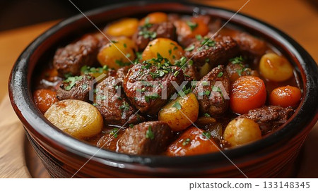 Beef stew simmering with potatoes and herbs in ceramic bowl, comfort food concept 133148345
