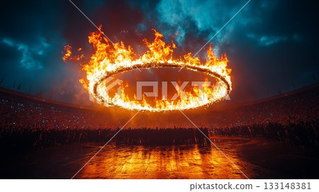 Burning ring of fire illuminating stadium crowd at night concert. Dramatic entertainment spectacle with special effects creating immersive atmosphere Burning ring of fire illuminating stadium crowd at night concert. Dramatic entertainment spectacle with special effects creating immersive atmosphere 133148381