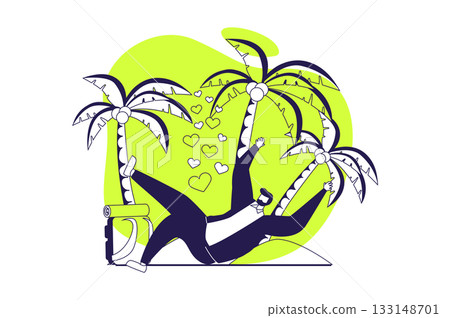 Travelling web concept with flat people for website design. Man going on summer vacation, relaxing at tropical island with tree palms near ocean or sea coast, recreating tour. Vector illustration. 133148701