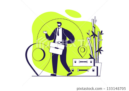Travelling web concept with flat people for website design. Man with suitcase going on summer vacation or business trip, go in global travel, transportation to route locations. Vector illustration. 133148705